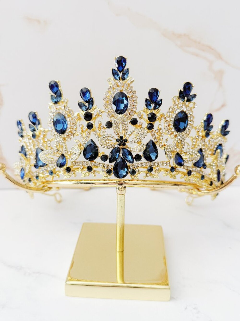 Blue Crystal Flower Tiara Crown Gold Bridal Wedding Pageant Prom Queen Headpiece